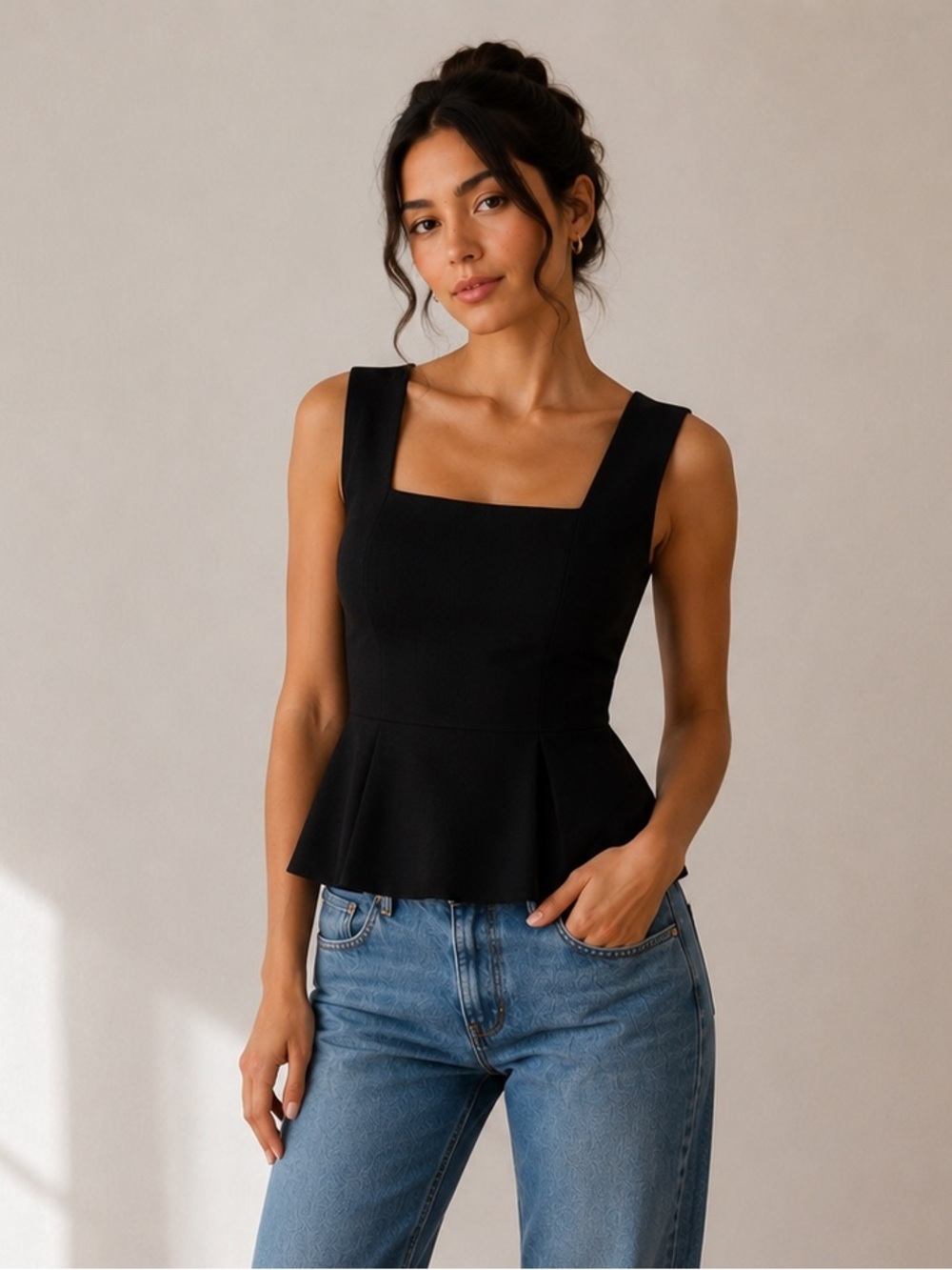 Zara Black Square Neck Peplum Tank Top